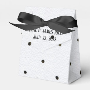 black polka dots on white favor boxes