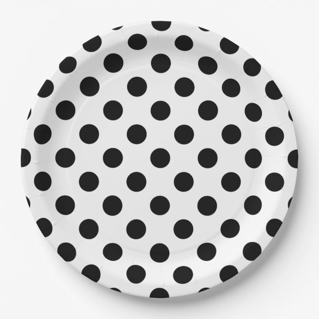 Black polka dots on white paper plates (Front)