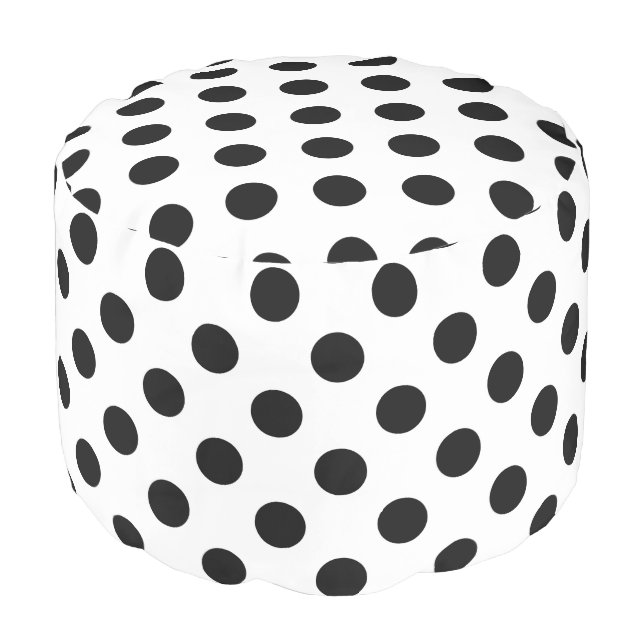 Black polka dots on white pouf (Angled Front)