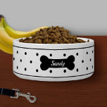 Black Polka Dots On White With Dog Bone & Name Bowl<br><div class="desc">Simple yet stylish black polka dots pattern together with a black dog bone silhouette. There is a personalizable text area for the name of the pet on the bone. The font is a beautiful script font in white color. The top and bottom have a black border.</div>