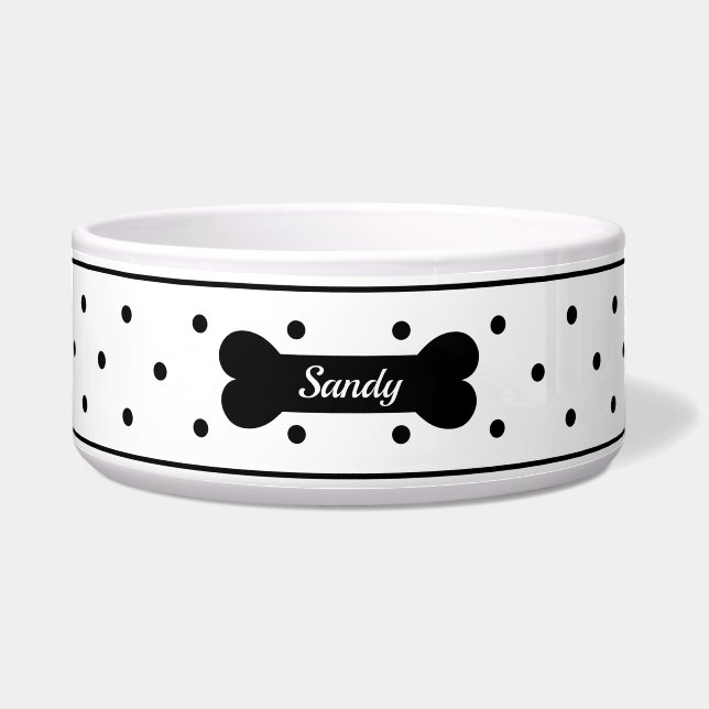 Black Polka Dots On White With Dog Bone & Name Bowl (Front)