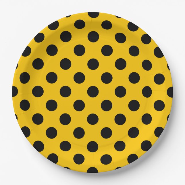 Black polka dots on yellow paper plates (Front)