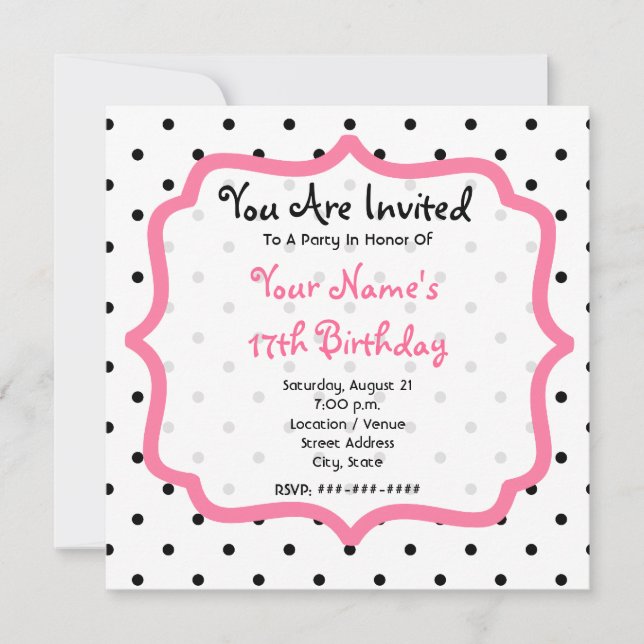Black Polka Dots & Pink Birthday Party Invitation (Front)