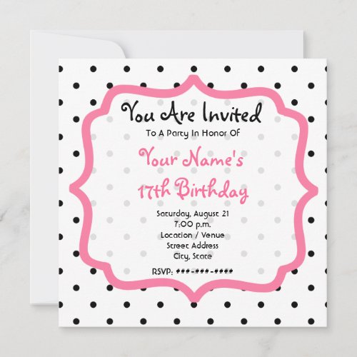 Black Polka Dots &amp; Pink Birthday Party Invitation