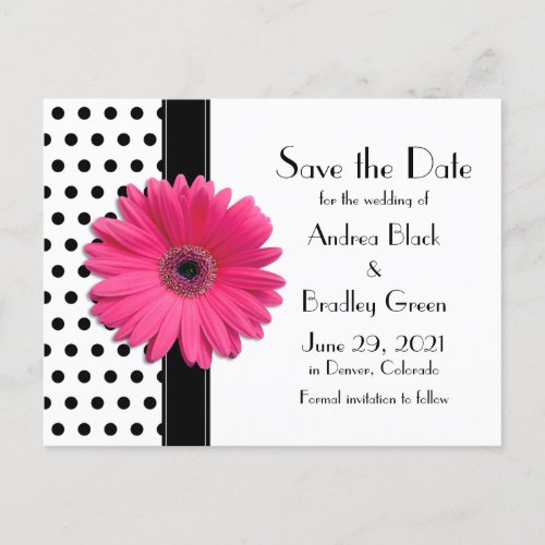 Black Polka Dots Pink Daisy Wedding Save the Date Announcement Postcard