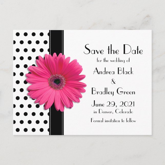 Black Polka Dots Pink Daisy Wedding Save the Date Announcement Postcard (Front)
