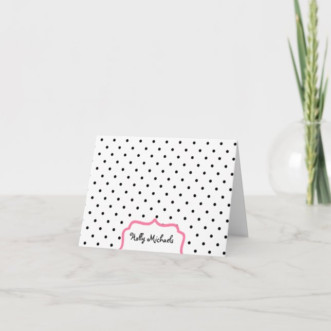 Black Polka Dots & Pink - Personalized Notecards (Front)