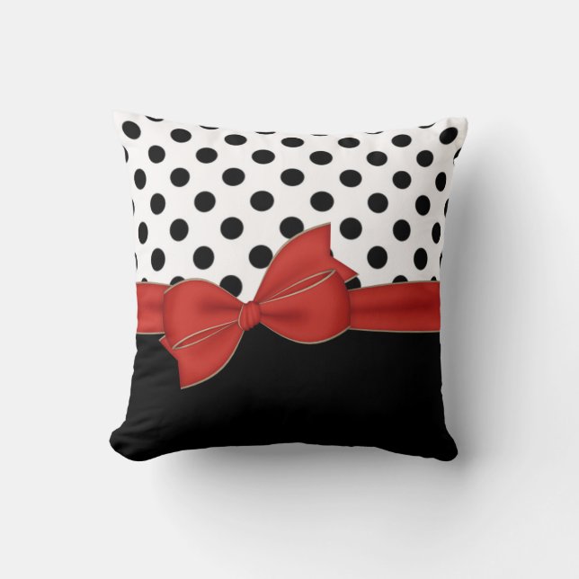 Black Polka Dots Red Bow Throw Cushion (Front)