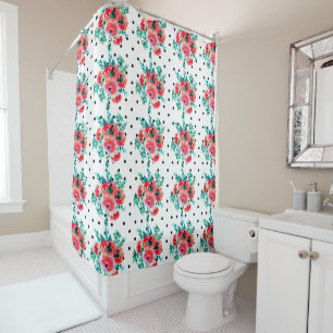 Black Polka-dots & Red Watercolor Roses Pattern Shower Curtain