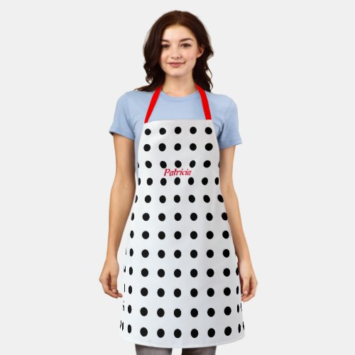 Black Polka Dots Red White Custom Name Cute Apron