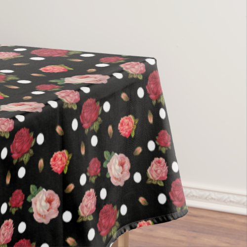 Black Polka Dots Vintage Roses Fun Elegant Floral Tablecloth