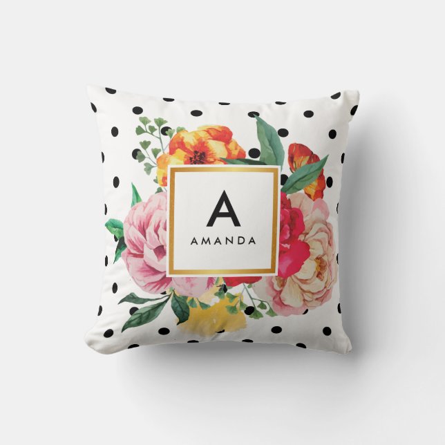 Black polka dots Watercolor Peony Flowers Monogram Throw Pillow (Front)
