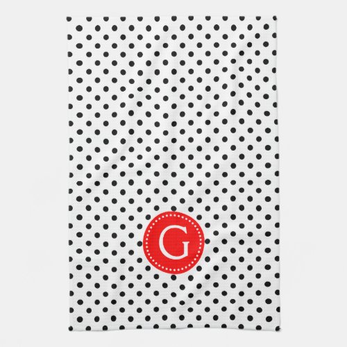 Black Polka Dots White Background Red Accent Towel