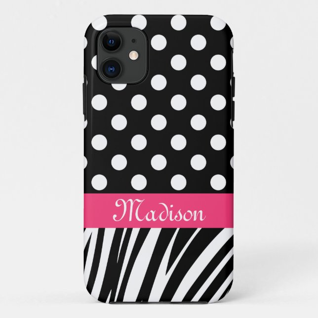 Black Polka Dots Zebra Stripes Pink Name Case-Mate iPhone Case (Back)