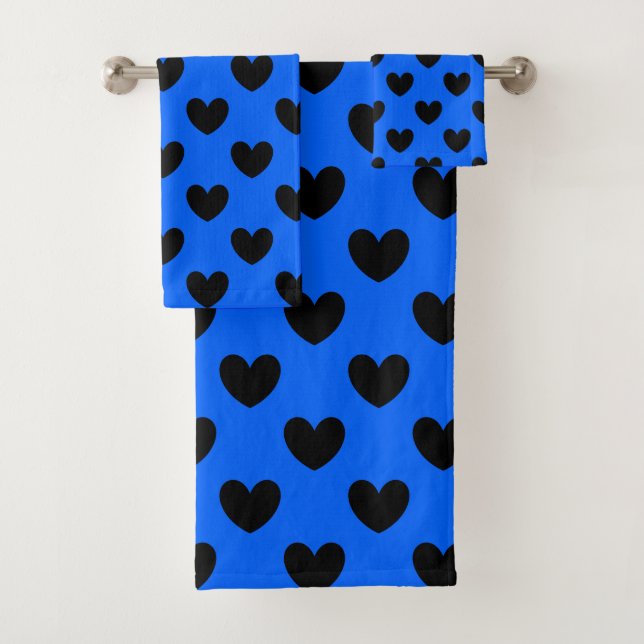 Black polka hearts on blue bath towel set (Insitu)