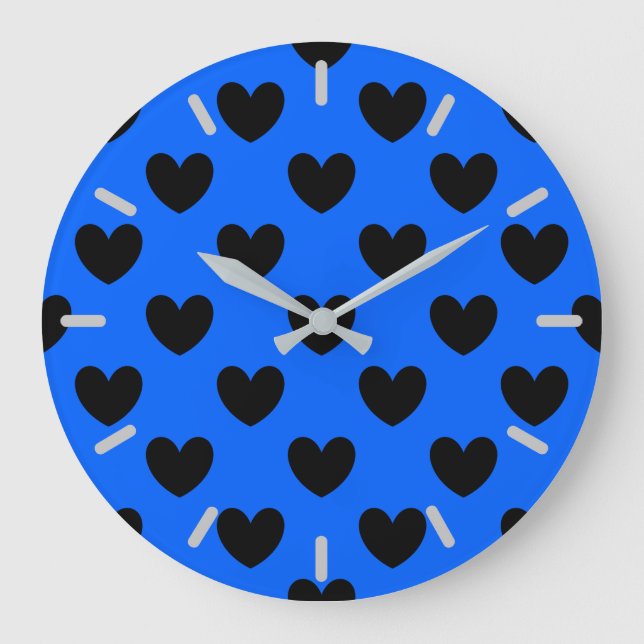 Black polka hearts on blue large clock (Front)