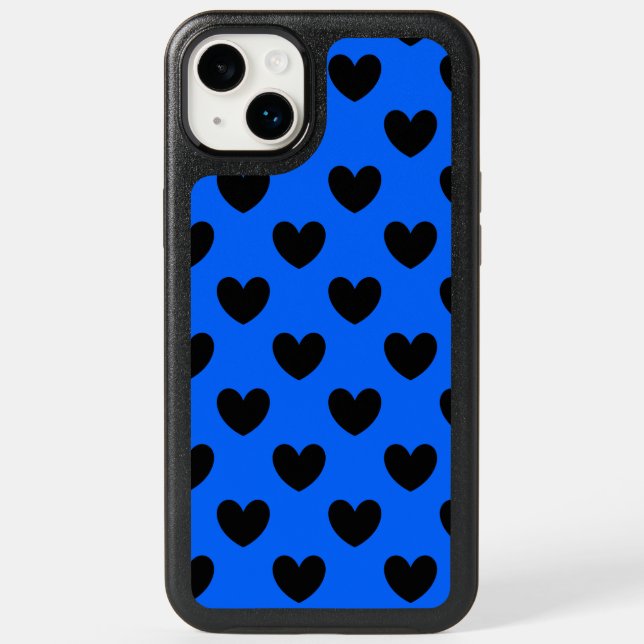 Black polka hearts on blue otterbox iPhone case (Back)