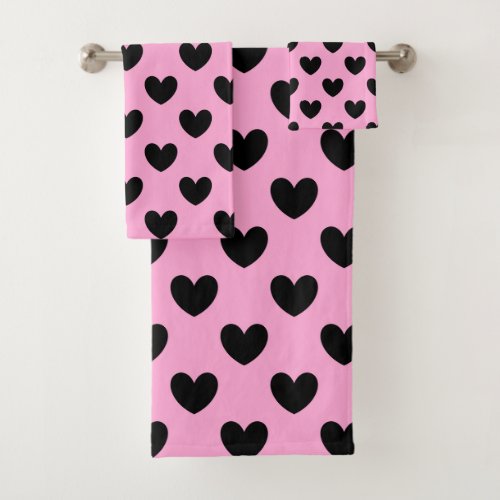 Black polka hearts on cotton candy pink bath towel set