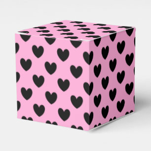 Black polka hearts on cotton candy pink favor boxes