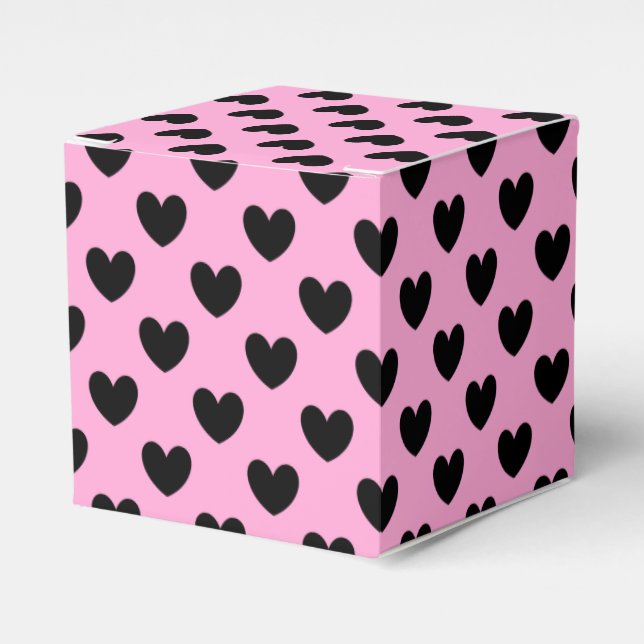 Black polka hearts on cotton candy pink favor boxes (Front Side)