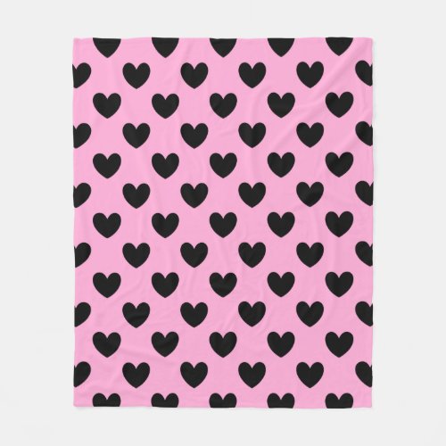 Black polka hearts on cotton candy pink fleece blanket