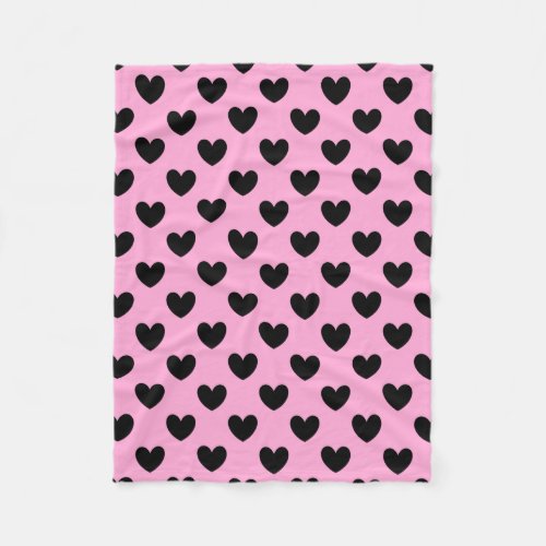 Black polka hearts on cotton candy pink fleece blanket