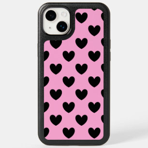 Black polka hearts on cotton candy pink OtterBox iPhone 14 plus case