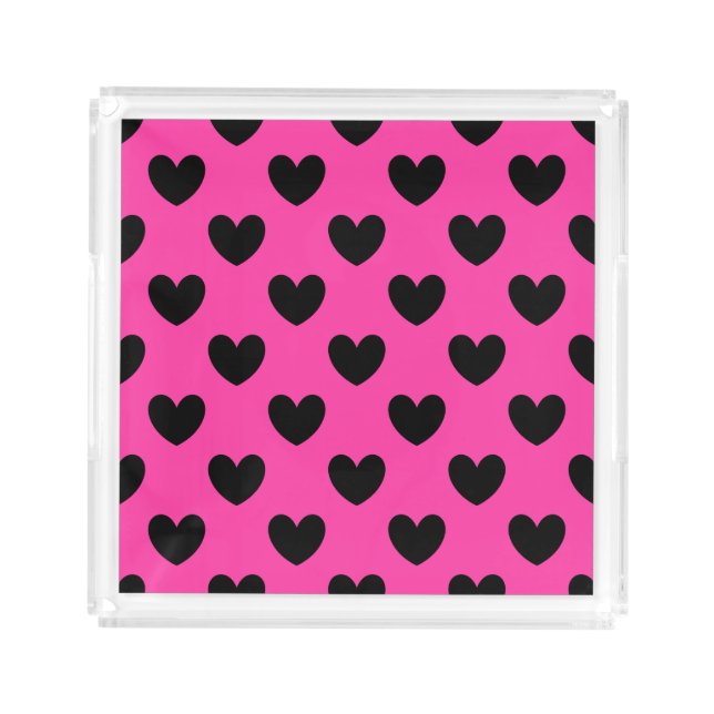Black polka hearts on fuchsia pink acrylic tray (Front)