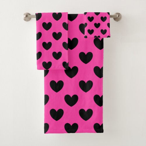 Black polka hearts on fuchsia pink bath towel set