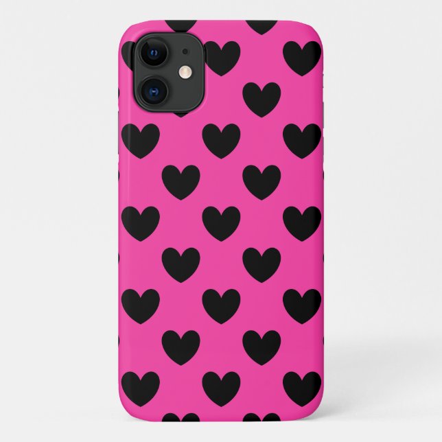 Black polka hearts on fuchsia pink Case-Mate iPhone case (Back)