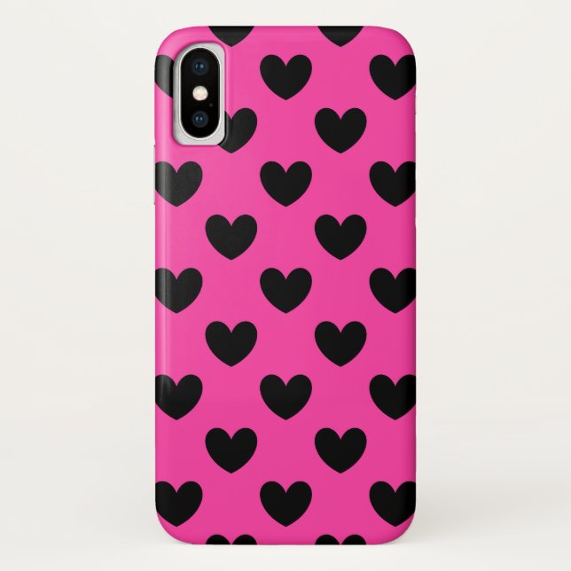 Black polka hearts on fuchsia pink Case-Mate iPhone case (Back)