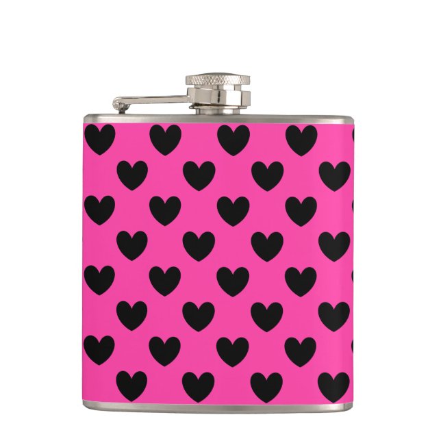 Black polka hearts on fuchsia pink flask (Front)