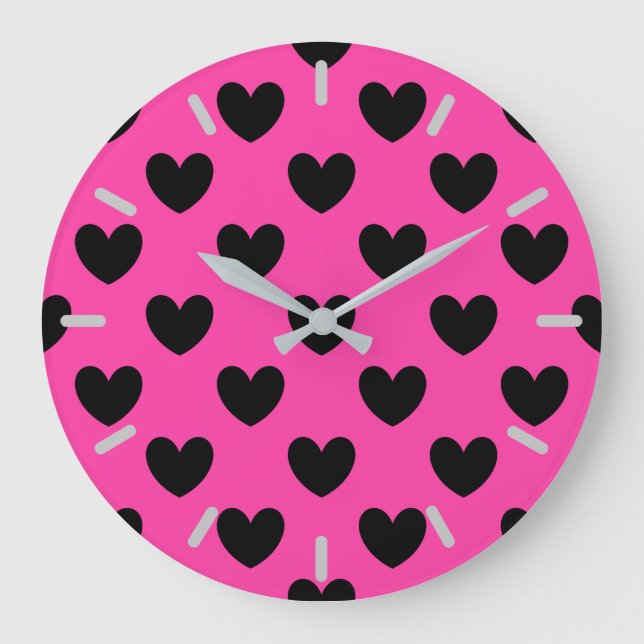 Black polka hearts on fuchsia pink large clock (Front)