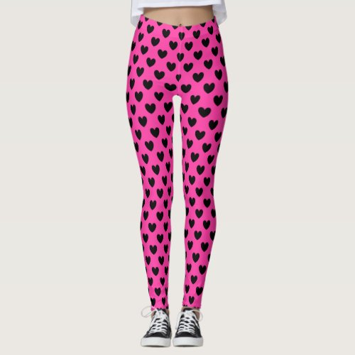 Black polka hearts on fuchsia pink leggings