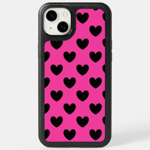 Black polka hearts on fuchsia pink  OtterBox iPhone 14 plus case