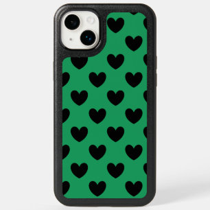 Black polka hearts on Kelly green OtterBox iPhone 14 Plus Case