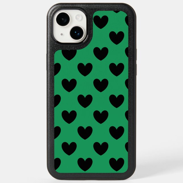 Black polka hearts on Kelly green Otterbox iPhone Case (Back)