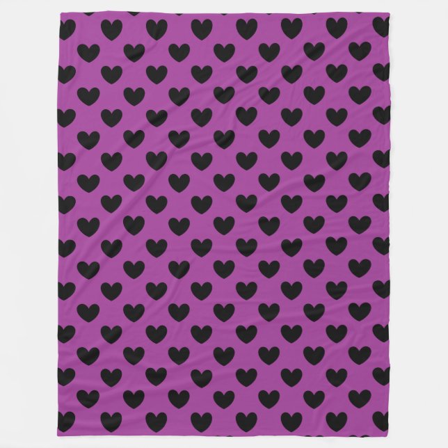 Black polka hearts on purple fleece blanket (Front)