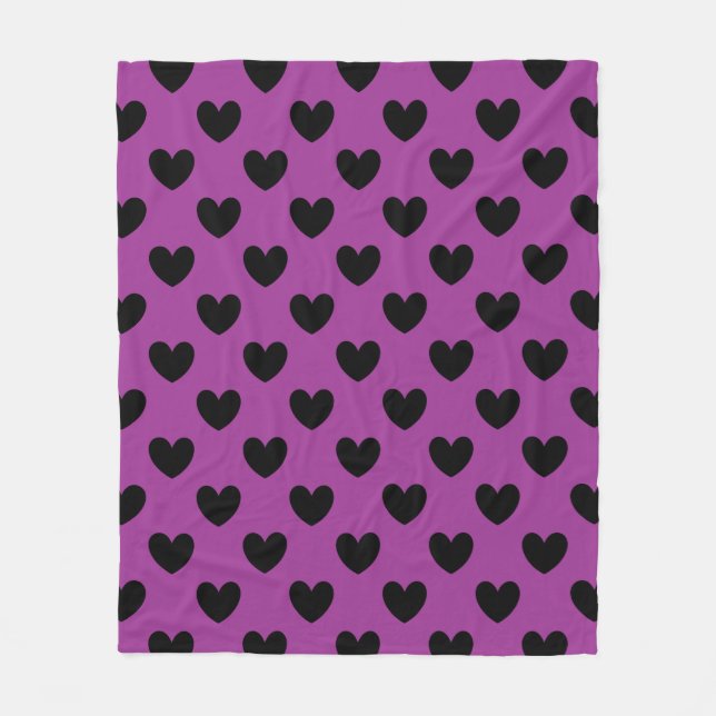 Black polka hearts on purple fleece blanket (Front)