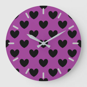 Black polka hearts on purple large clock
