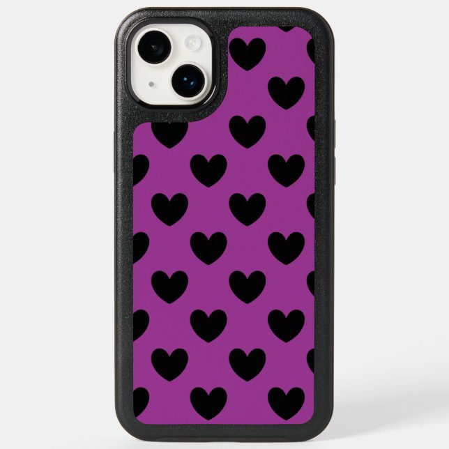 Black polka hearts on purple otterbox iPhone case (Back)