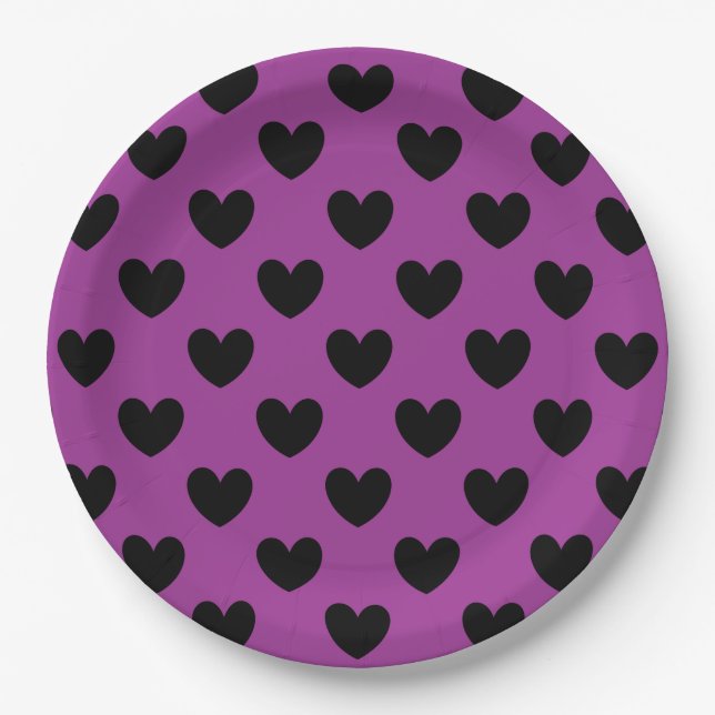 Black polka hearts on purple paper plates (Front)