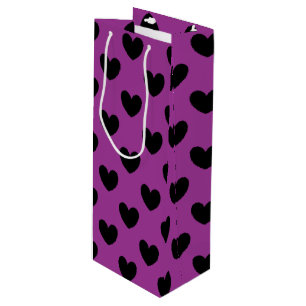 Black polka hearts on purple wine gift bag