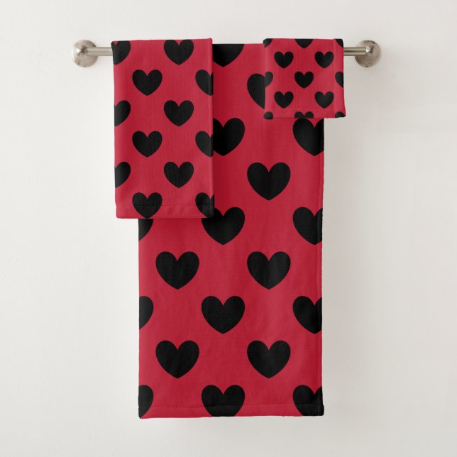 Black polka hearts on red bath towel set (Insitu)