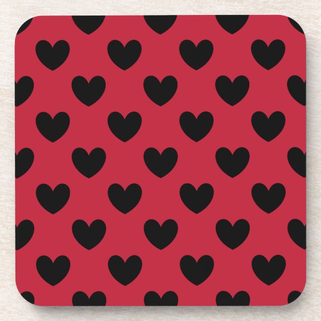 Black polka hearts on red beverage coaster (Front)