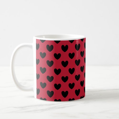 Black polka hearts on red coffee mug