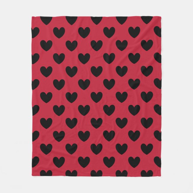 Black polka hearts on red fleece blanket (Front)