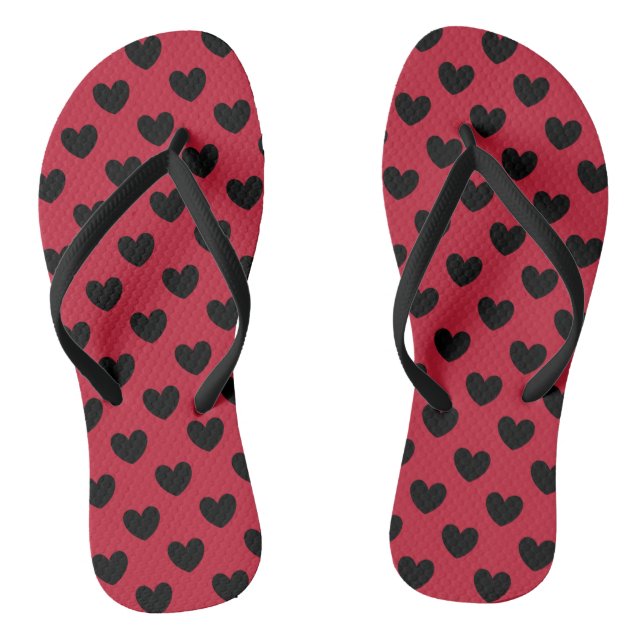 Black polka hearts on red flip flops (Footbed)