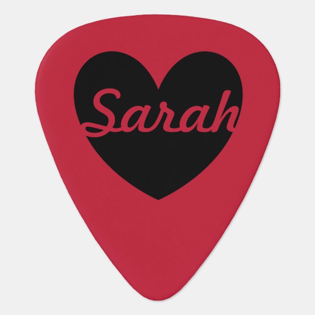 Black polka hearts on red guitar pick (Front)