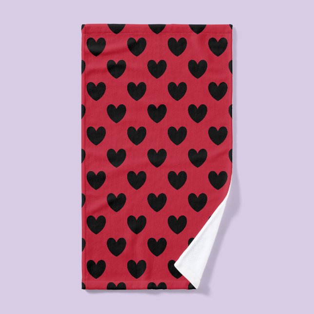 Black polka hearts on red hand towel  (Hand Towel)